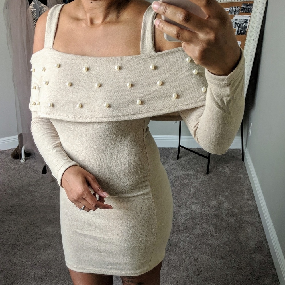 Pearl Detail Off Shoulder Brushed Hacci Dress